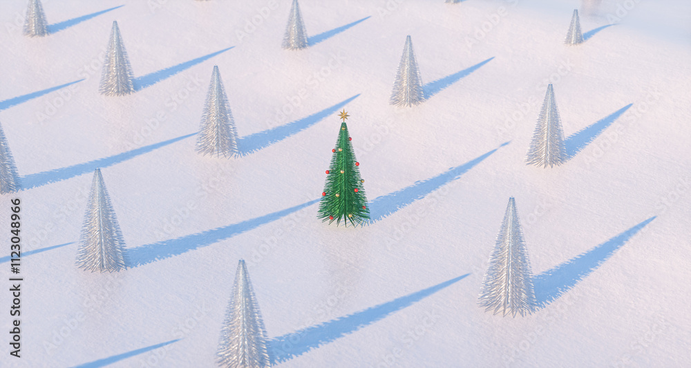 Aufkleber 3d christmas background with decorated christmas tree on snow landscape. 3d rendering