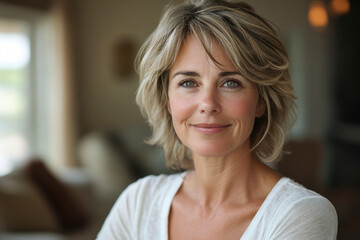 Portrait of smiling middle aged woman at home. Attractive caucasian woman on blurred interior background. Generated AI