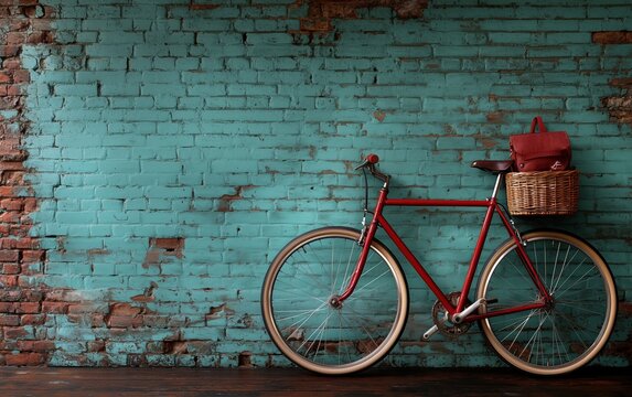 Vintage Red Bicycle with Wicker Basket and Leather Bag Against a Rustic Turquoise Brick Wall - A Nostalgic Urban Scene