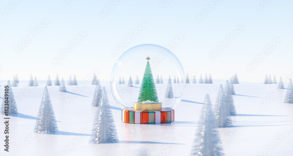 Aufkleber 3d christmas background with christmas tree snow globe on snow landscape. 3d rendering