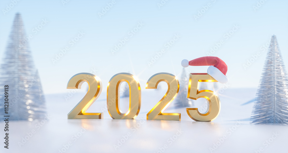 Aufkleber 3d happy new year 2025 background with gold 2025 digits on snow landscape. 3d rendering