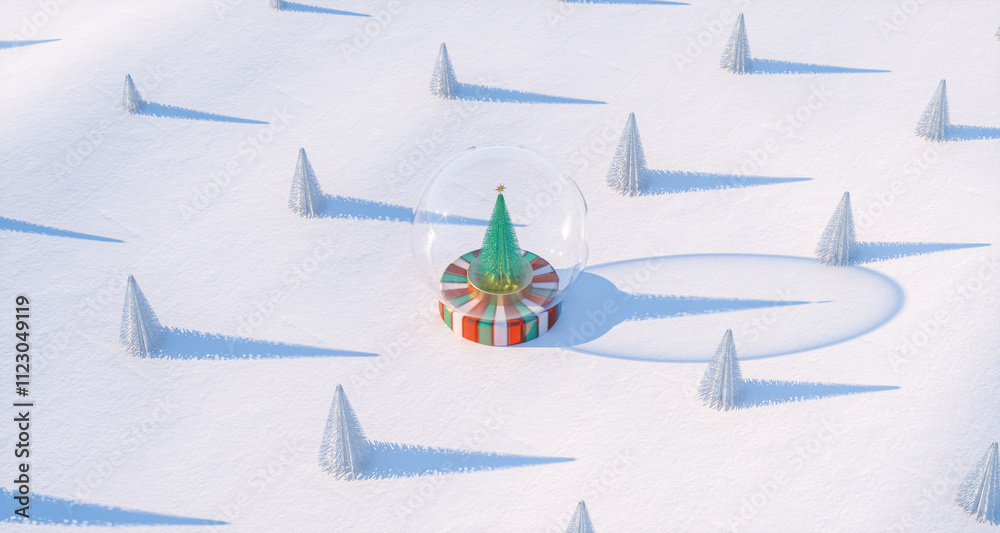 Aufkleber 3d christmas background with christmas tree snow globe on snow landscape. 3d rendering