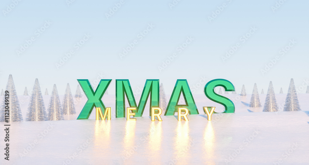 Aufkleber 3d christmas background with merry xmas letters on snow landscape. 3d rendering