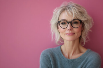 Portrait of smiling middle aged woman on color background. Attractive caucasian woman on pink background. Generated AI