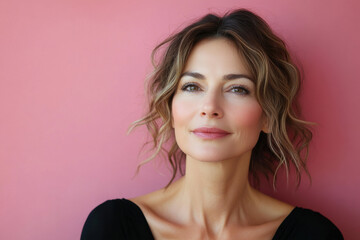 Portrait of smiling middle aged woman on color background. Attractive caucasian woman on pink background. Generated AI