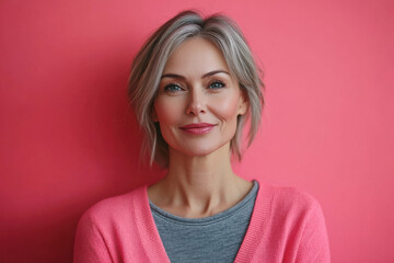 Portrait of smiling middle aged woman on color background. Attractive caucasian woman on pink background. Generated AI