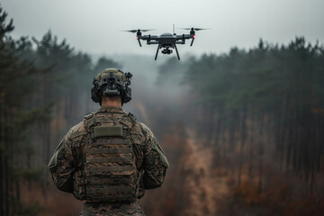 Soldier using drone during military operation in forest. Drone operator on war. Generated AI