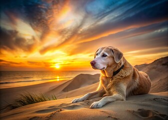 Serene Long Exposure of an Old Dog Resting on a Sandy Hilltop at Sunset Amidst a Beautiful Natural Landscape, Capturing Tranquility and the Passage of Time