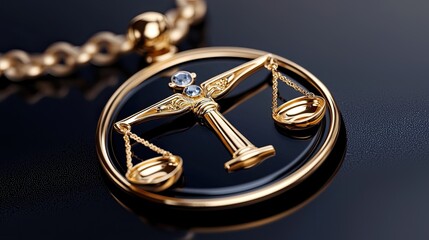 Law constitution concept. A gold pendant featuring the scales of justice, symbolizing balance and fairness, set against a dark reflective background.