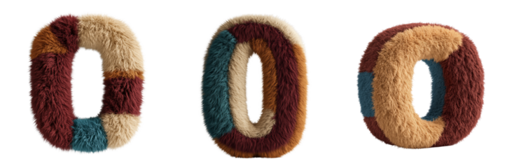 Furry textured number zero in vibrant colors on a transparent background