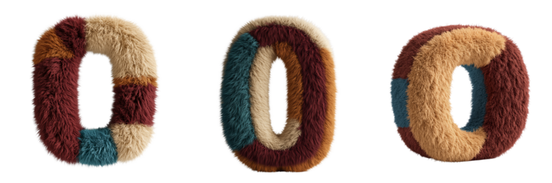 Furry textured number zero in vibrant colors on a transparent background