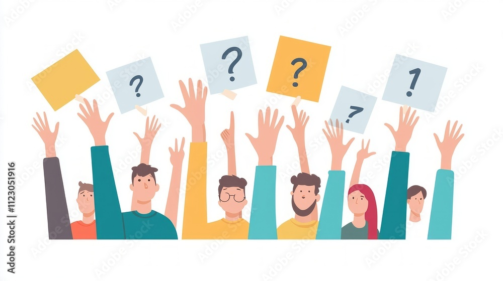 Poster a lively group of businesspeople raises colorful question marks, showing curiosity and engagement in