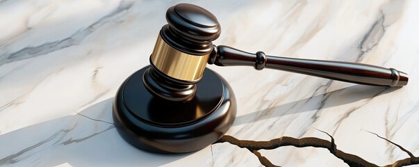 Obraz premium A wooden gavel rests on a marble surface, symbolizing justice and legal authority, often used in courtrooms to call orders or announce decisions.