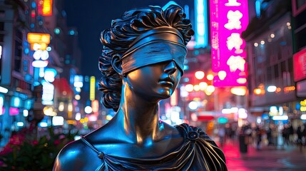 Obraz premium A striking bronze statue of a blindfolded figure stands amidst vibrant neon lights in a bustling urban landscape at night.