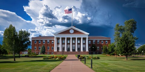 Fototapeta premium A grand building with a flag, surrounded by green lawns and trees, set against a dramatic sky.