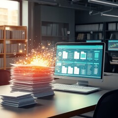 Advanced Digitization Concept: Paper Documents Transforming into Glowing Electronic Files with Holographic Scanning Beams in Modern Office