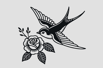 A swallow flies next to a rose flower. Black and white tattoo sketch, vector illustration, emblem