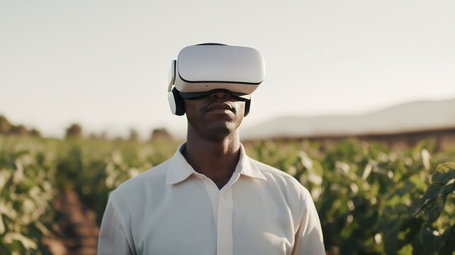 Exploring virtual reality technology in a vineyard setting with a focus on innovation and agriculture. - Powered by Adobe