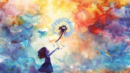 A child making a wish on a dandelion, with the seeds floating away in a swirl of watercolor hues, Symbol of hope, Innocent dreams