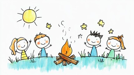 Fototapeta premium Happy Children Enjoying a Campfire in Nature Under the Bright Sun with Smiling Faces and Stars