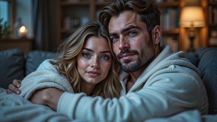 Fototapeta premium Close-up of a couple cuddling under a soft blanket on a cozy sofa in soft lighting 