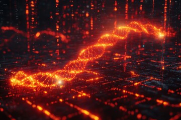Obraz premium A glowing DNA strand over a digital grid, symbolizing genetic science and technology.