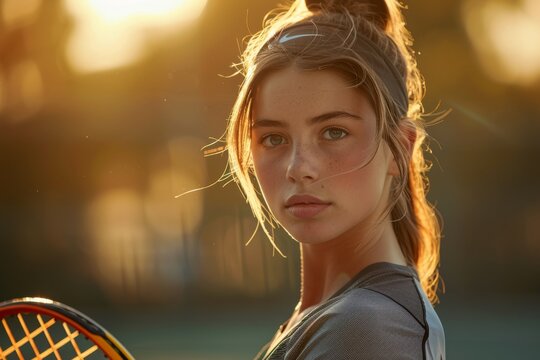 Young woman holding a tennis racket on a sunny day, looking determined. Concept of athleticism and focus in sports. For sports promotion or inspiration.