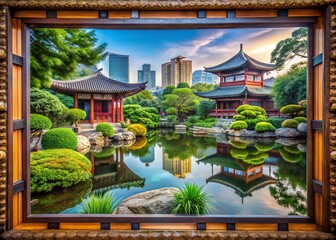 Obraz premium Serene Urban Exploration with Arranged Frames: A Zen-Inspired Background Integrating Asian Aesthetics for Tranquil Cityscapes and Nature Harmony