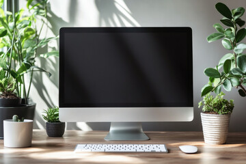 Stylish workplace with computer. Front view of computer screen. Mockup design. Generated AI