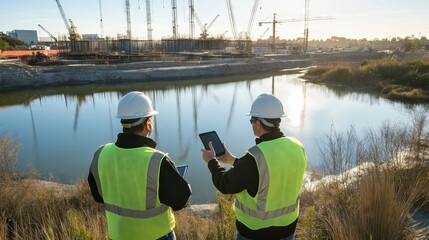 Construction workers using digital tablet on site with cranes and water in background