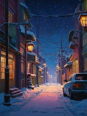 a panoramic view of a snowy village night
