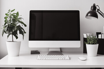 Stylish workplace with computer. Front view of computer screen. Mockup design. Generated AI