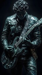 Fototapeta premium Realistic statue of a guitar player in detailed rock outfit, showcasing passion and energy