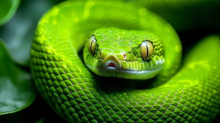 Fototapeta premium A striking green cat snake lies gracefully on foliage, blending with nature in a tranquil forest setting