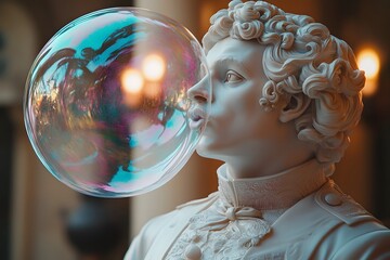 Detailed marble statue dressed in formal ornate clothing, blowing a colorful reflective bubble, blending classical refinement with playful modern creativity
