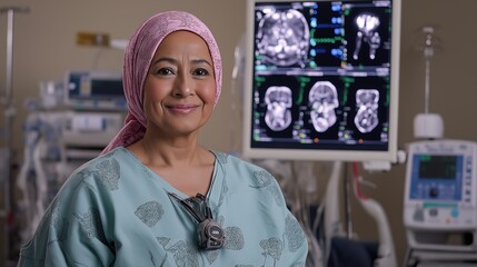 world cancer day. A woman wearing a pink scarf