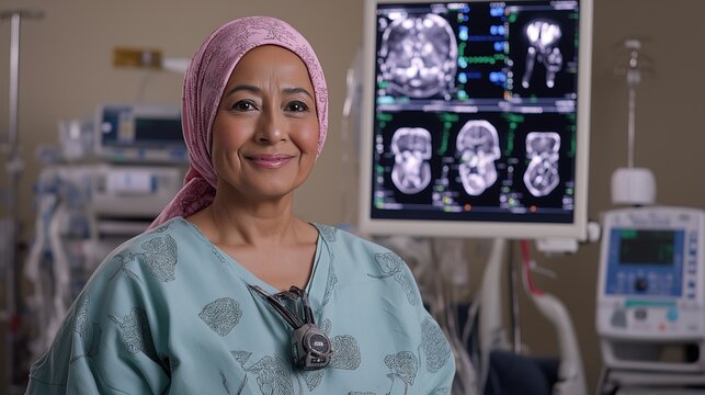 world cancer day. A woman wearing a pink scarf