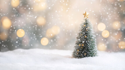 Fototapeta premium A snowy white landscape with a blurred Christmas tree adorned with bokeh lights in the background.