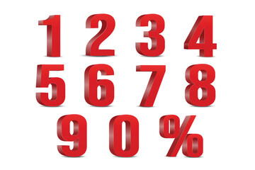 3D numbers vector set. 0, 1, 2, 3, 4, 5, 6, 7, 8, 9 Red color numeral alphabet.