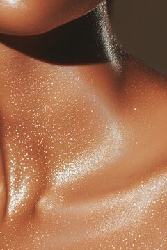 woman&rsquo;s collarbone and shoulder, with medium-brown skin glistening under soft light. The area is coated with a dewy, golden serum, accentuating the smooth texture and natural highlights of her skin