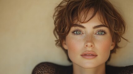 closeup portrait of caucasian woman 35 years old with short hair on beige background