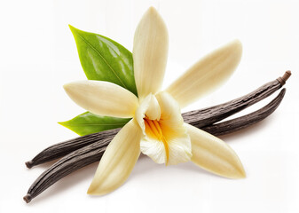 Lush vanilla flower and pods with leaves isolated on transparent background.
