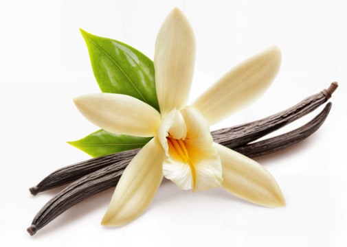 Lush vanilla flower and pods with leaves isolated on transparent background.