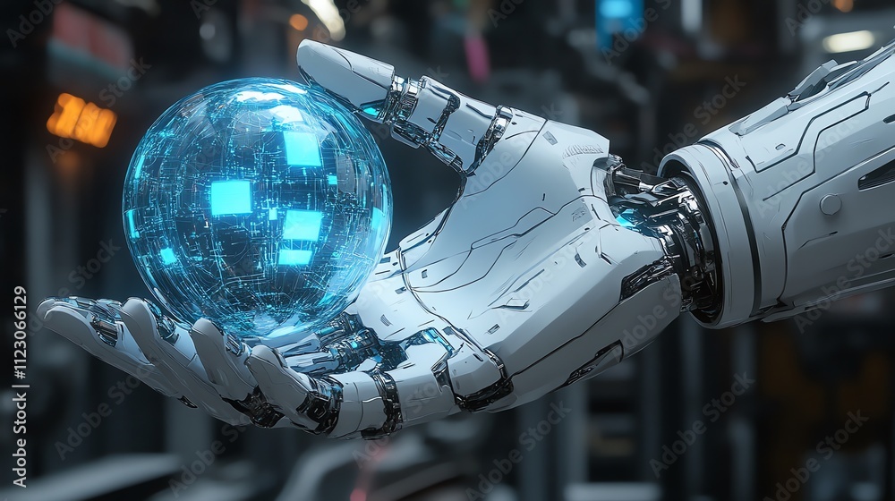 Poster a robotic hand holds a glowing, futuristic orb in a high-tech environment.