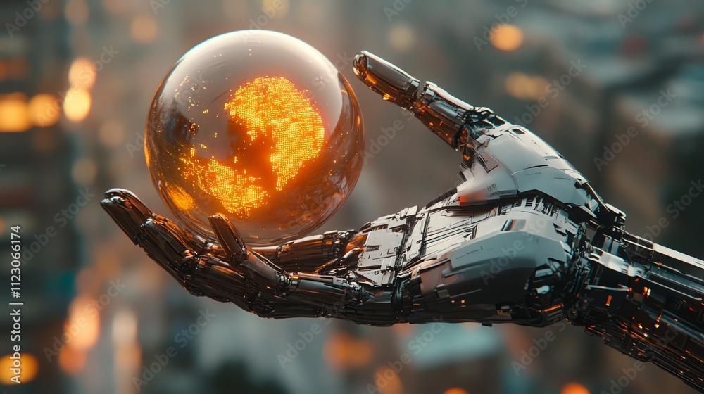 Poster a robotic hand holds a glowing orb, symbolizing technology and innovation.