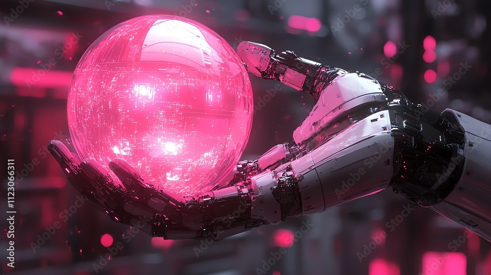 Aufkleber a robotic hand holds a glowing pink orb, suggesting advanced technology and innovation.