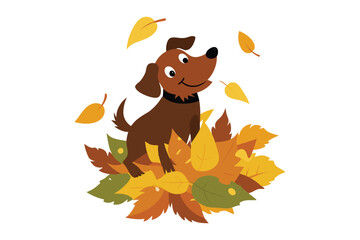 Obraz premium dog playing in a pile leaves vector illustration