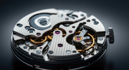 Intricate mechanical watch movement on black background