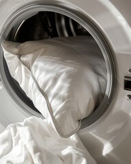 A soft, fluffy white pillow, positioned inside a modern washing machine drum