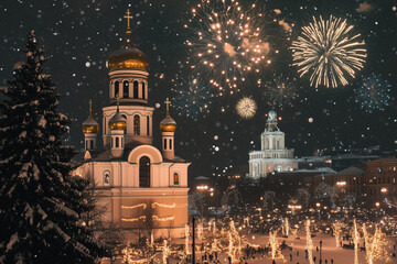 Obraz premium Orthodox Christmas celebrated on January 7th, with an awe-inspiring Orthodox cathedral and colorful fireworks lighting up the snowy winter scene.